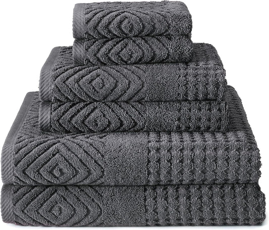 Texere 100% Organic Cotton Diamond Jacquard 700 GSM Luxury Bath Towel Sets - Ultra Soft and Absorbent Hotel Quality, 2 Large Bath Towels, 2 Hand Towels, 2 Washcloths (Diamond, Charcoal, 6 Piece)