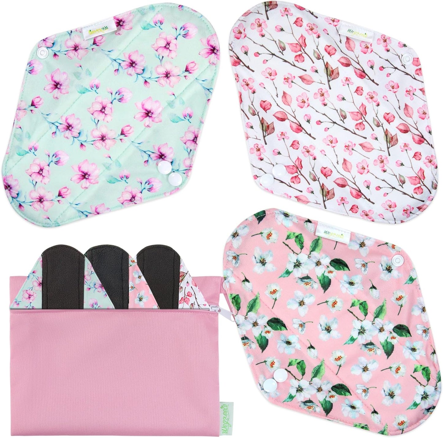 Wegreeco Reusable Menstrual Pads - Soft Cloth Sanitary Pads & Panty Liners - 6 Pack with 1 Cloth Mini Wet Bag (L, Cherry Blossoms)