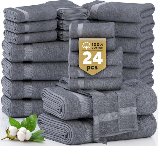 24 Pc 100% Cotton Bath Towels For Bathroom Set, Quick Dry, Machine Wash Soft & Absorbent, Oeko Tex Cert, Daily Use, Guest or Spa-2 Bath Sheets 4 Bath Towels 6 Hand, 4 Fingertip 8 Washcloths–Cool Grey