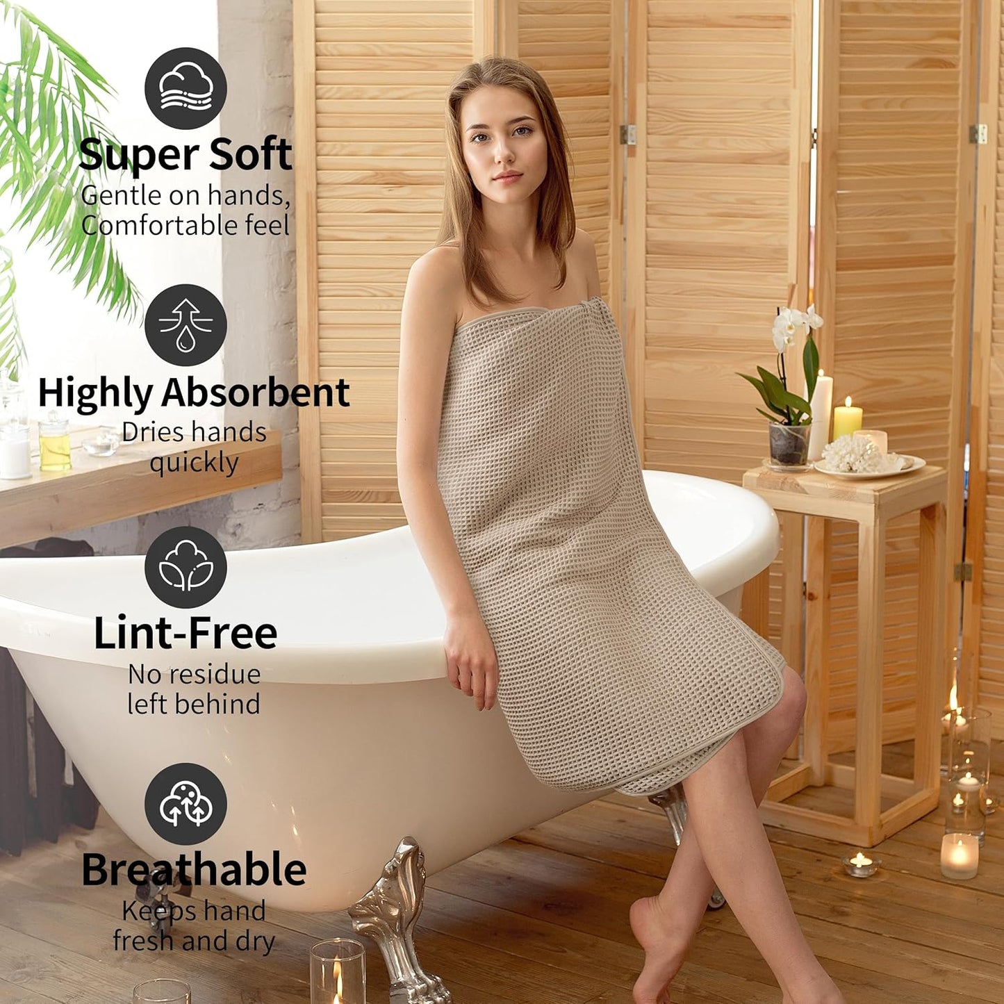 New Microfiber Waffle Bath Towels, 2 Pieces, Oversized, Soft, Absorbent, Fast Drying, Lint Free (Beige)