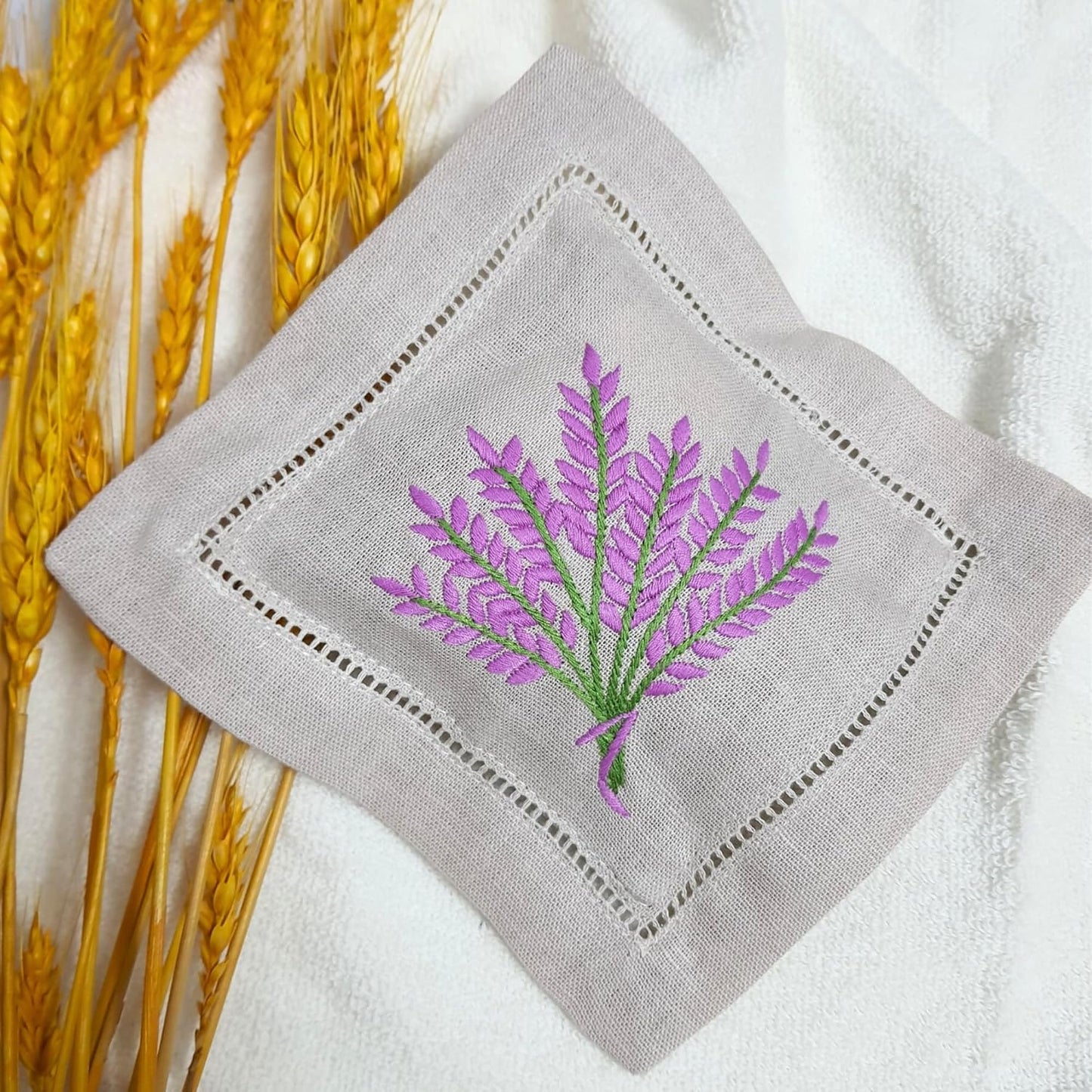 Hcraft Hand Embroidered Lavender Sachet Bags, 6"x6" Set of 3 Embroidery Natural Linen, Lavender Sachets for Drawers and Closets, Dried Lavender