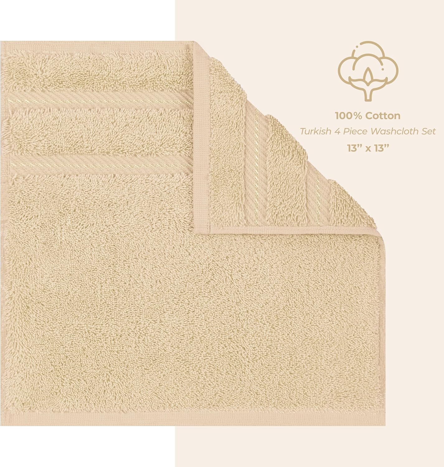 American Soft Linen Luxury Washcloths for Bathroom, 600 GSM 100% Cotton 4 Piece Turkish Wash Cloth Set, 13x13 in Soft Rags for Body and Face, Beige Washcloths