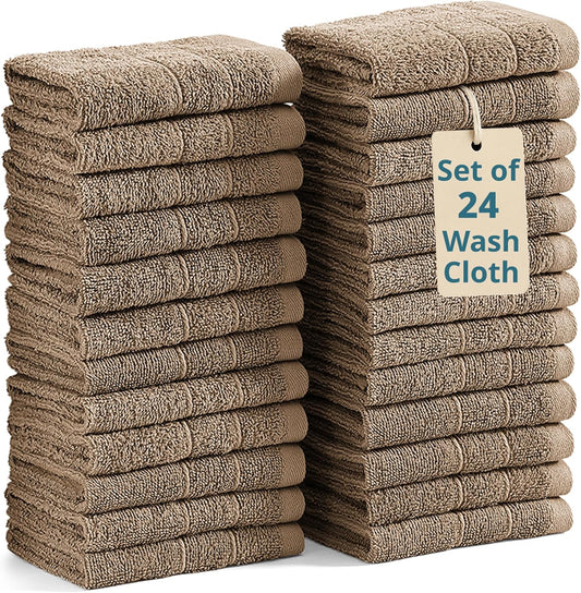 Casa Platino Washcloths 24 Pack - Spa & Salon Quality - 100% Ring Spun Mercerized Cotton Face Towels - Very Soft & Absorbent Wash Cloths for Body, Beauty, Home, Gym - Fingertip Towels - 13"x13", Taupe