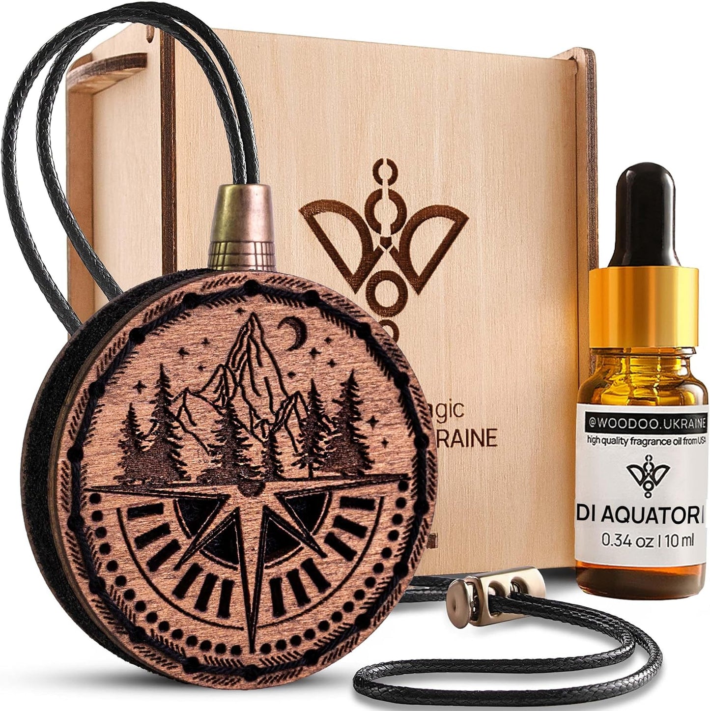 Wood Car Air Freshener — Handmade Car Air Freshener — Compass Mountains Designed Fragrance Oil Diffuser in Wooden Gift Box — Aromatherapy Set with diAquatoria Fragrance Oil - 10 ml