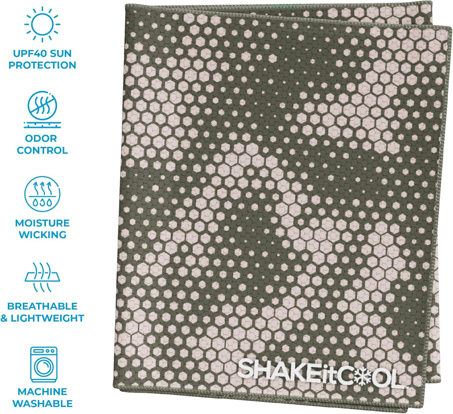 SHAKEitCOOL Extended Size Cooling Towel – Be Cool in Style - Heat Relief, Soft, Lightweight, Sun Protection, Easy Clean - Perfect for Biking, Hiking, Running, Yoga, Golf, Gardening - Green Camo M