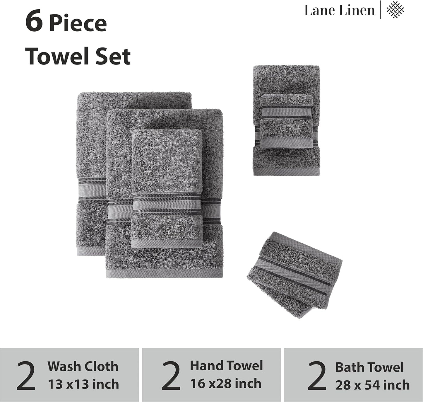 LANE LINEN Luxury Bath Towels Set - 6 Piece, 100% Cotton, Quick Dry, Soft & Absorbent, Zero Twist - 2 Bath Towels, 2 Hand Towels, 2 Washcloths - Cool Grey