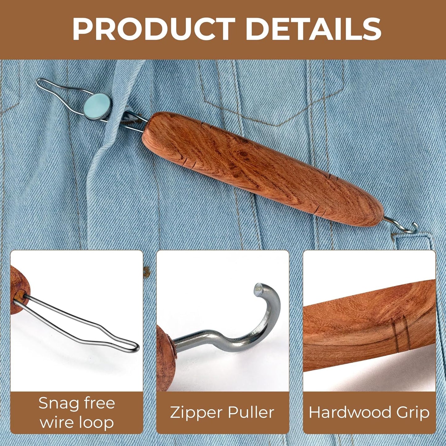 Button Hook & Zipper Pull Helper with Wooden Handle – Comfortable Grip Button Assist Tool for Easy Dressing, Seniors, and Daily Use