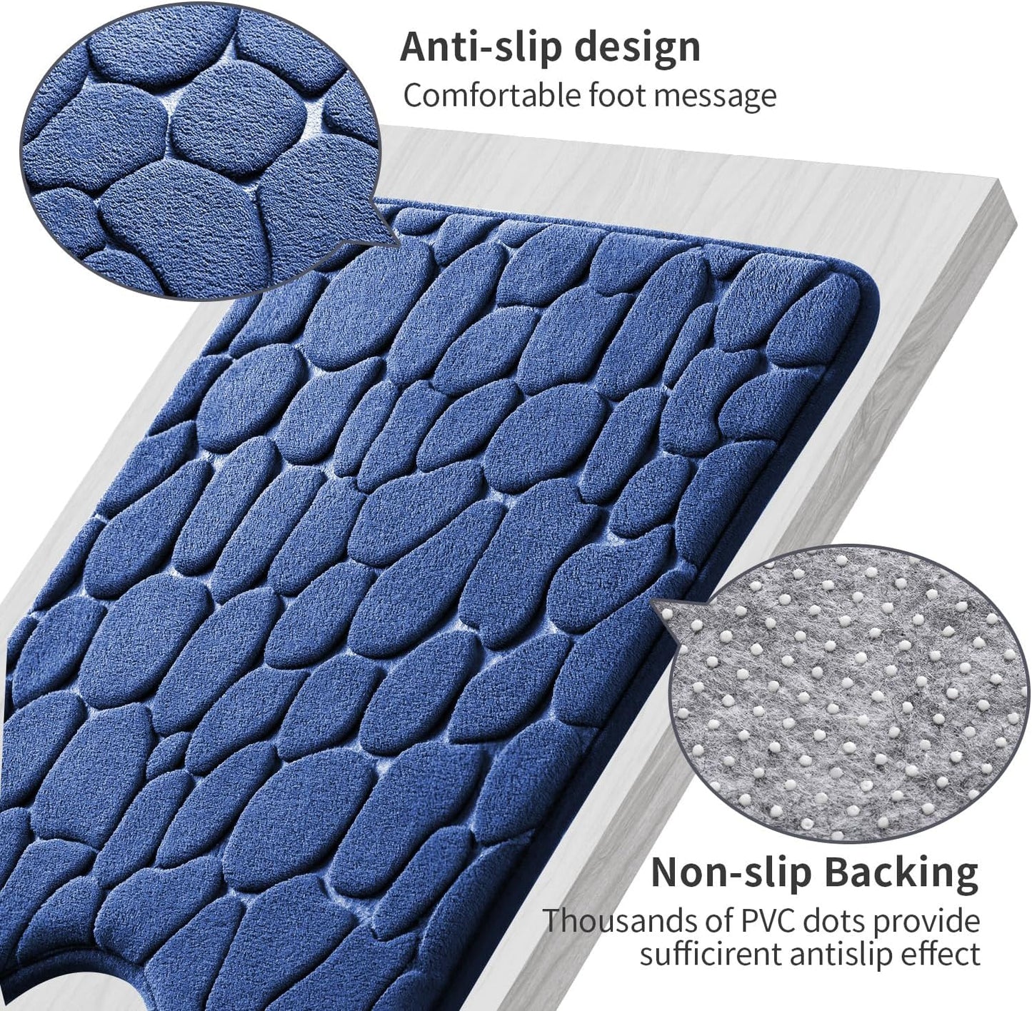 YIHOUSE Memory Foam Bath Mat Cobblestone Bathroom Rugs Super Water Absorbent Bath Mats for Bathroom Machine Washable Bath Rugs(20 x 24,Dark Blue)