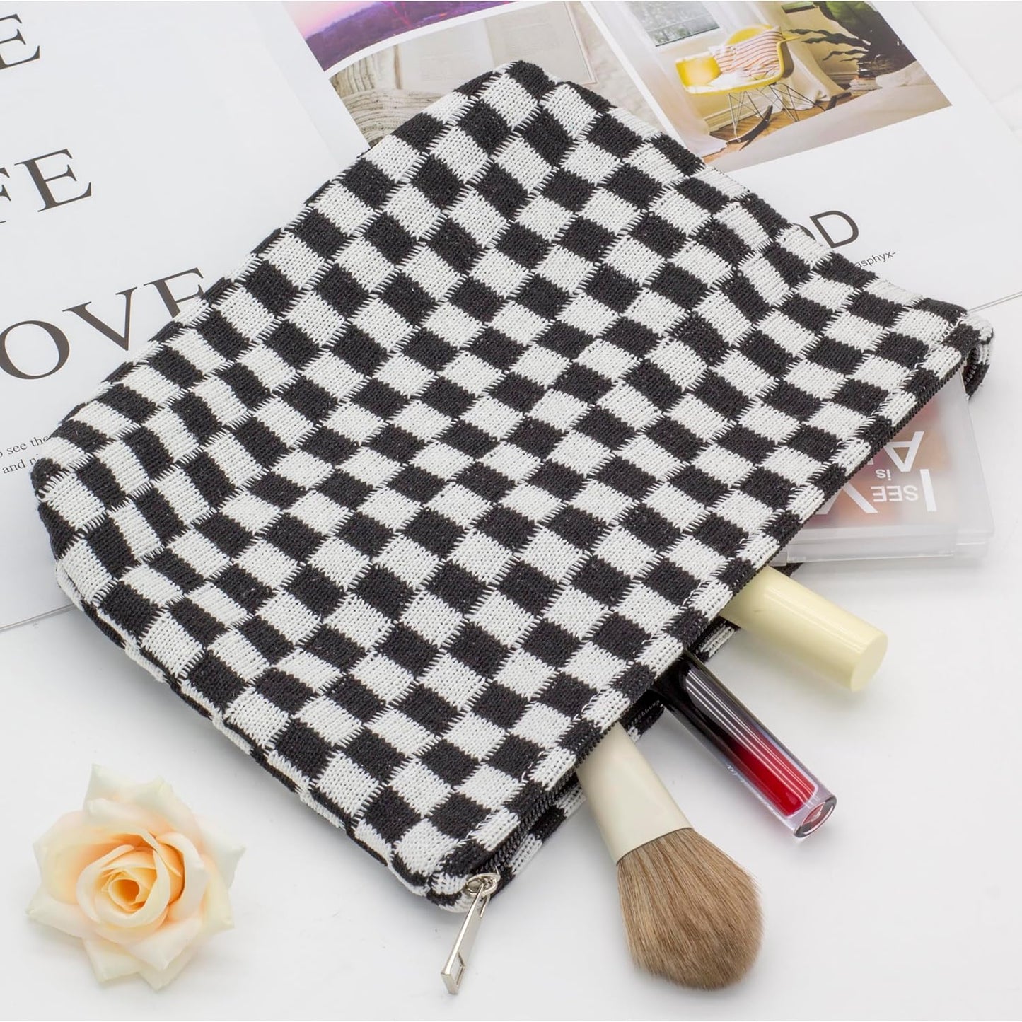 PAZIMIIK Knitted Checkered Makeup Bag Large Zipper Make Up Accessory Pouch for Purse Cosmetic Brush Bag for Travel Essential,Black