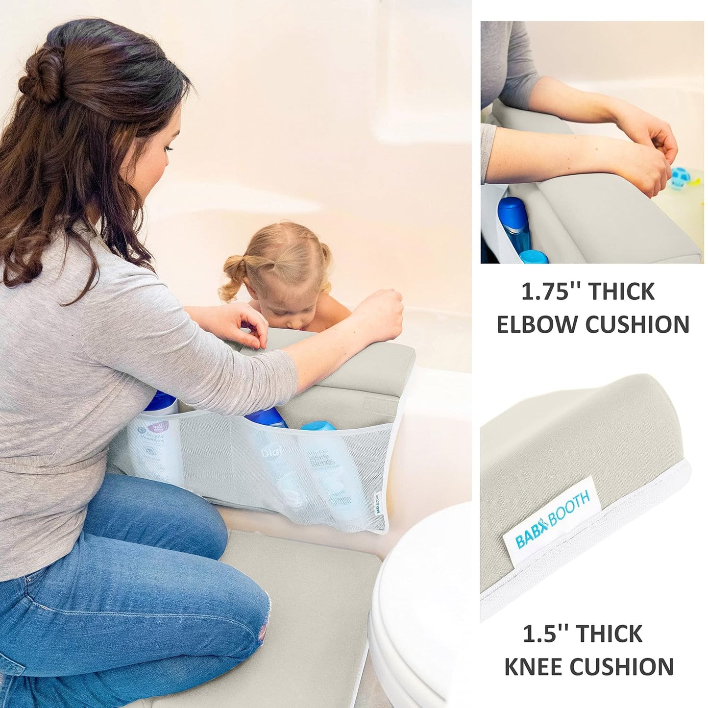 Bath Kneeler with Elbow Rest Pad Set, 1.75 inch Thick Kneeling Pad and Elbow Support for Knee Arm Support, Large Bathtub Kneeling Mat with Toy Organizer for Happy Baby Bathing Time, Beige