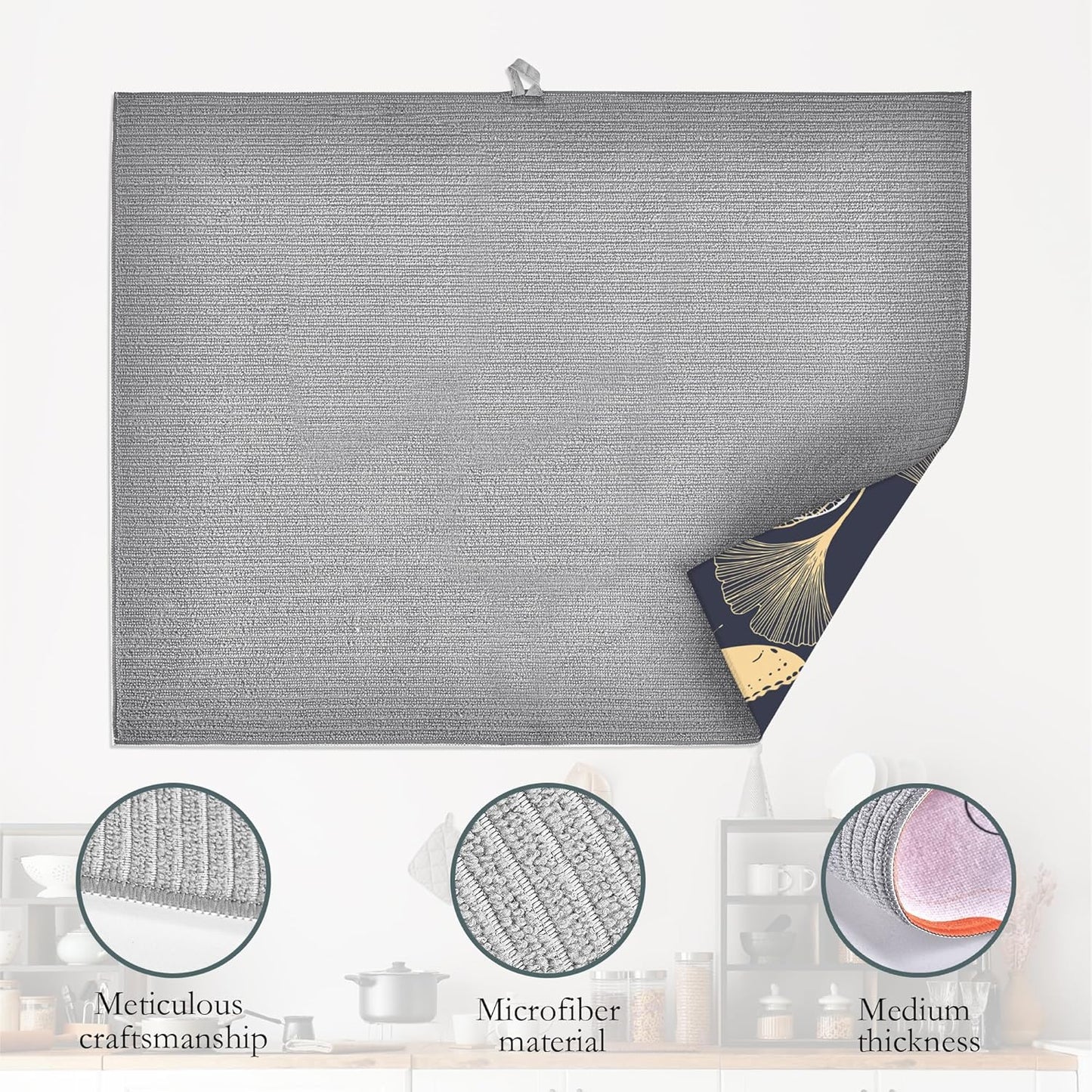 Ginkgo Leaves Dish Drying Rack Mat for Kitchen Counter,Dragonfly Butterfly Dish Drying Pad Absorbent Reversible Microfiber Protector for Coffee Bar Sink Countertops 18x24 Inch