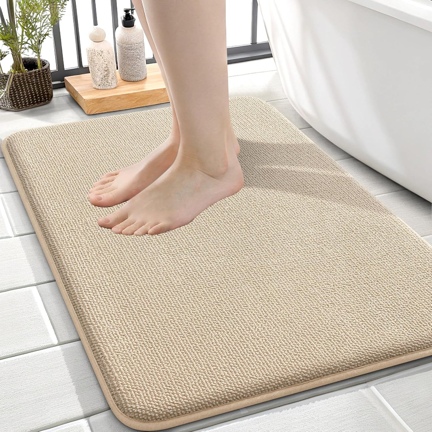 OLANLY Thick Memory Foam Bath Mat Rug 24x16, Extra Soft Absorbent Bathroom Rug, Quick Dry Bath Mats, Non-Slip, Machine Washable Carpet for Bathroom, Tub and Shower, Home Decor Accessories, Beige