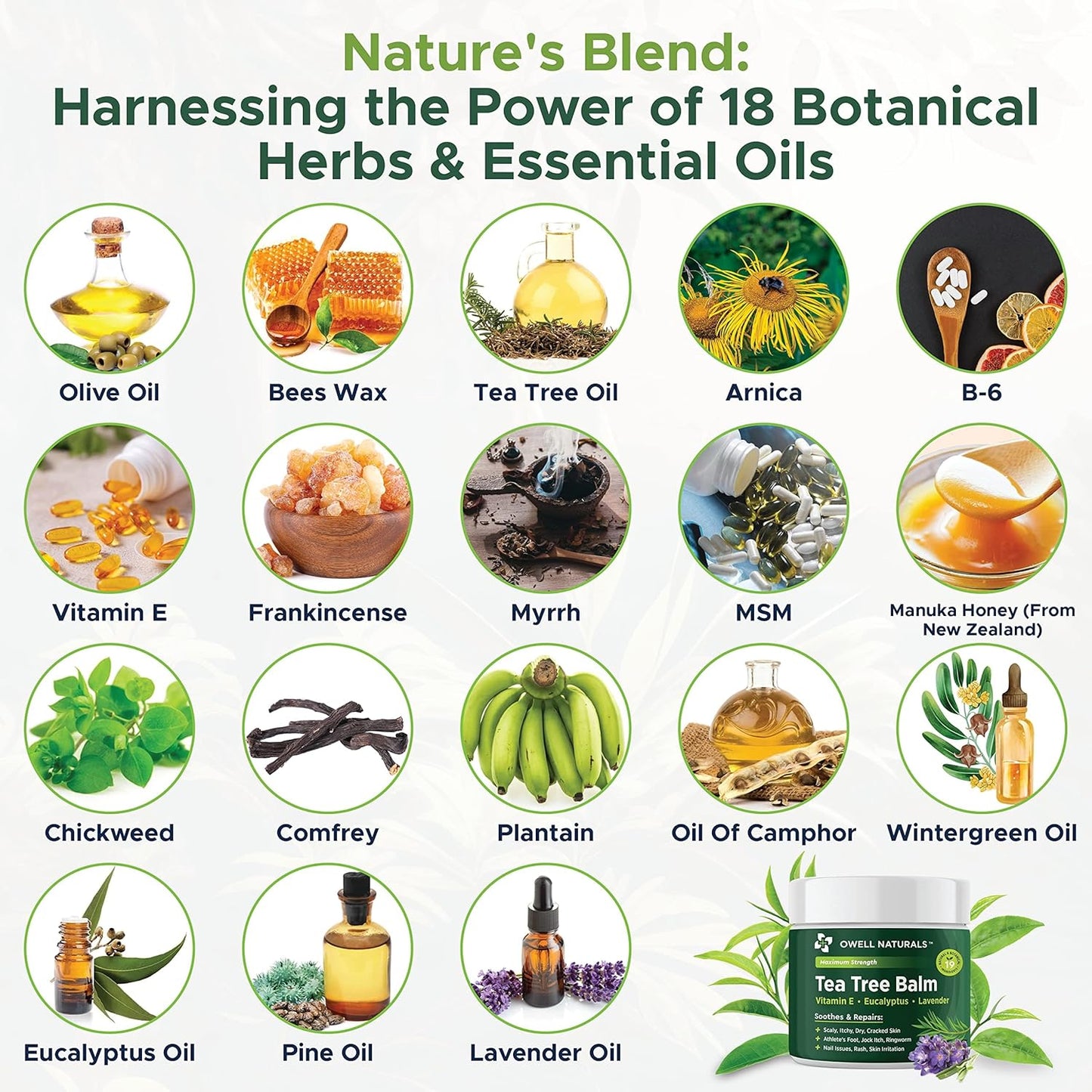 OWELL NATURALS Tea Tree Balm Oil with Vitamin E for Itchy, Dry, Flaky and Cracked Skin, Athletes Foot, Hands, Rashes, Bee Stings, Splinters, Poison Ivy, Insect Bites, Cuts and Burns, (2 Pack)