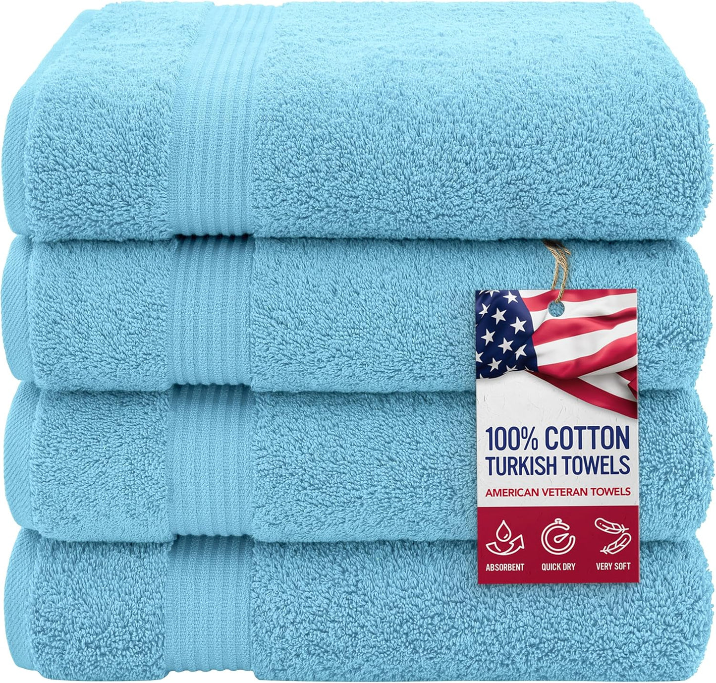 American Veteran Towel, 100% Cotton Turkish Bath Towels for Bathroom 4 Pack, 27x54 Extra Large Premium Soft Drying Bathroom Towels, Sky Blue