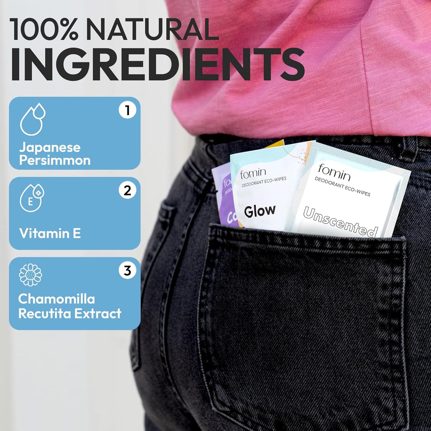 FOMIN Travel Deodorant Wipes - 50 Count - Unscented - pH Balanced, Hypoallergenic Mini Deodorant For Women and Men - Plastic-Free, Individually Wrapped Underarm & Body Wipes