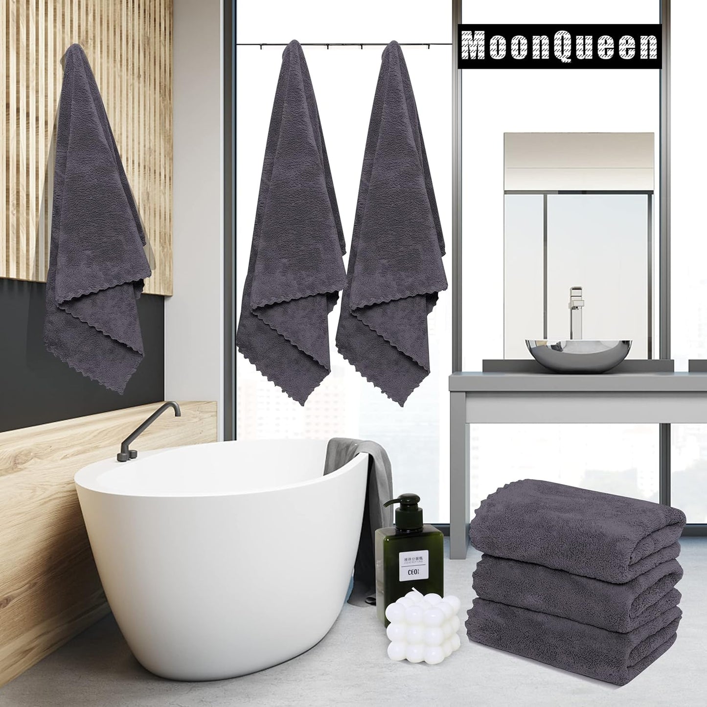 MOONQUEEN 2 Pack Premium Bath Towel Set - Quick Drying - Microfiber Coral Velvet Highly Absorbent Towels - Multipurpose Use as Bath Fitness, Bathroom, Sports, Yoga Towel (Dark Grey, Bath Towel)