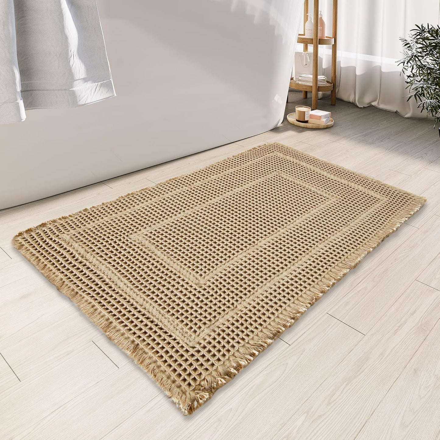 Bath Rugs Mat,Upgraded Waffle Bath mat,Super Absorbent Non Slip Bath Rugs,Machine Washable Rugs for Shower romm, Rubber Backing Boho Mats, Ultra Soft,Brown,17"*24"