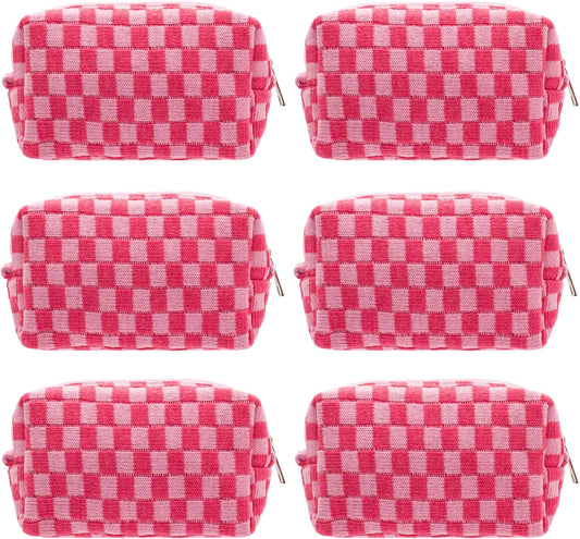 PAZIMIIK Checkered Makeup Bag for Purse Portable Zipper Make Up Pouch Small Cosmetic Case for Travel Accessories (6PCS Hotpink)