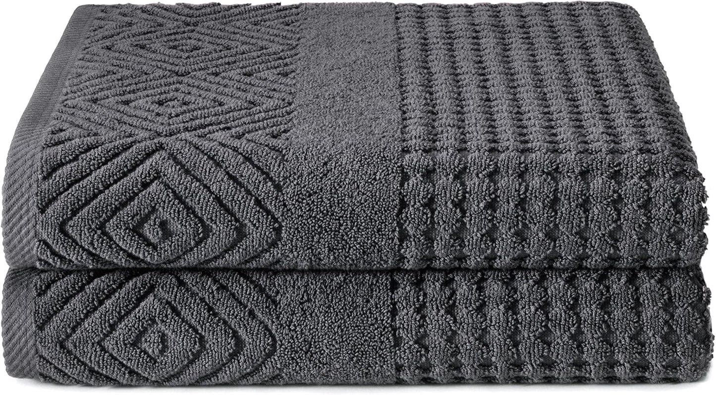 Texere 100% Organic Cotton Diamond Jacquard 700 GSM Luxury Bath Towel Sets - Ultra Soft and Absorbent Hotel and Spa Quality (Diamond, Charcoal, 2 Bath Towels)