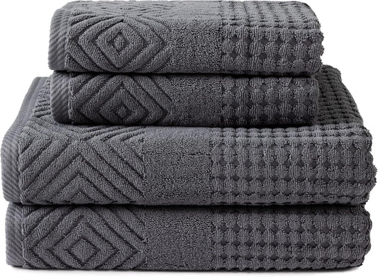 Texere 100% Organic Cotton Diamond Jacquard 700 GSM Luxury Bath Towel Sets - Ultra Soft and Absorbent Hotel and Spa Quality (Diamond, Charcoal, 2 Bath & 2 Hand Towels)