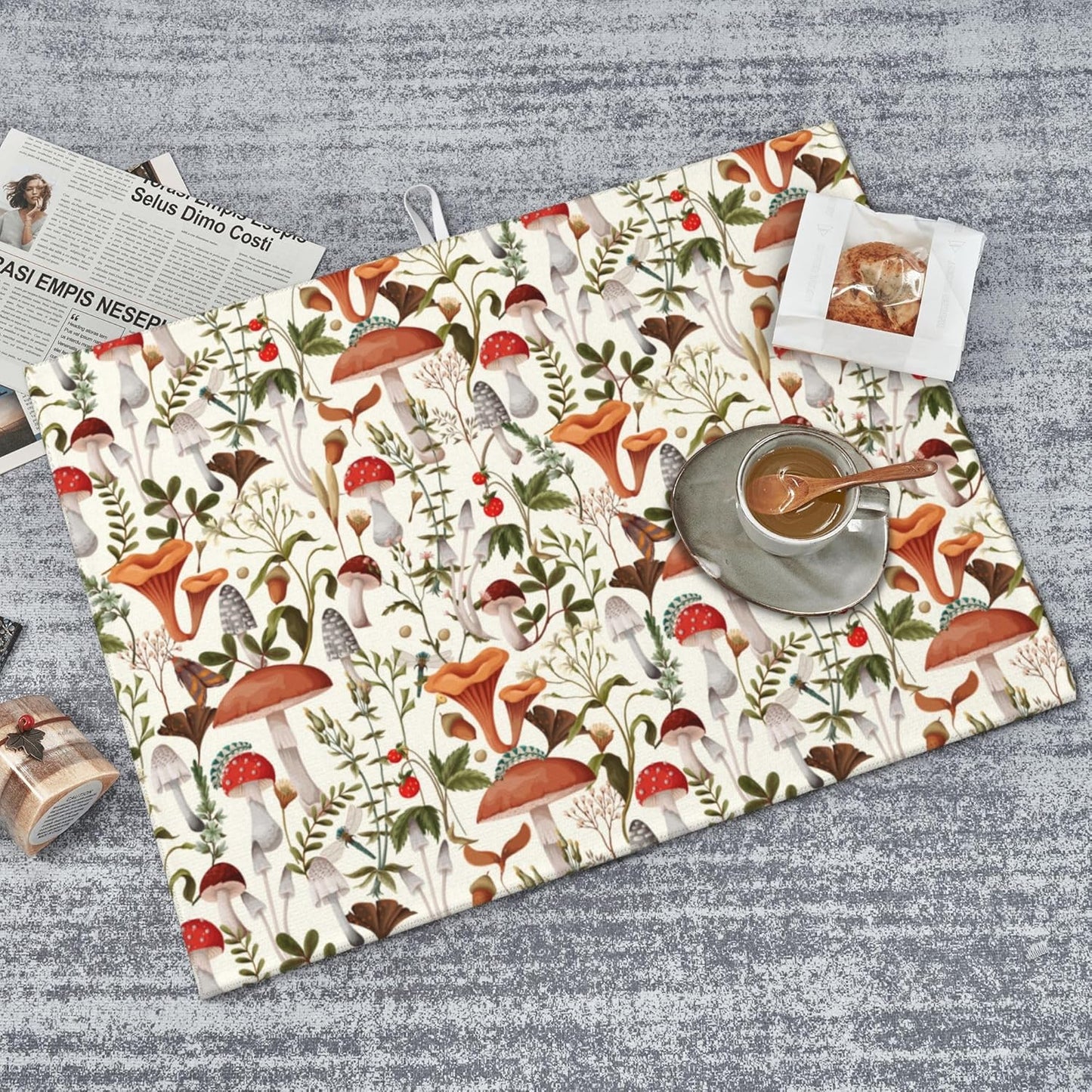 Boho Mushroom Decor Microfiber Dish Drying Mat for Kitchen Counter 18"x24" Botanic Plant Beige Dishes Pad Dish Drainer Rack Mats Washable Absorbent Fast Dry