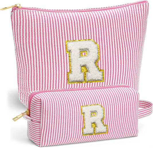 Initial Makeup Bag Set for Women - Travel Pouch, Portable Cosmetic Bag Make up Kit Pouch | Travel Essentials Cute Makeup Bag Birthday Gifts for Women, Pink Letter R