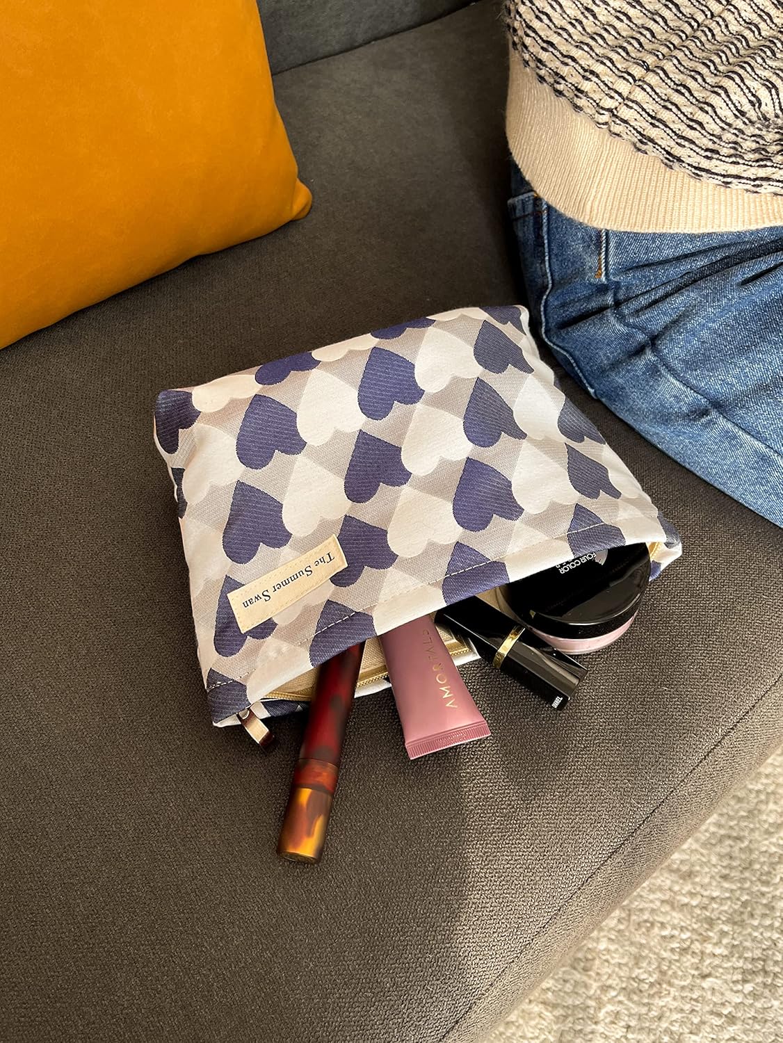 Summer Swan | Large Floral Mid-day Clutch | Period Kit & Hygiene Bag | Skincare Bag (Valentine Hearts Blue)