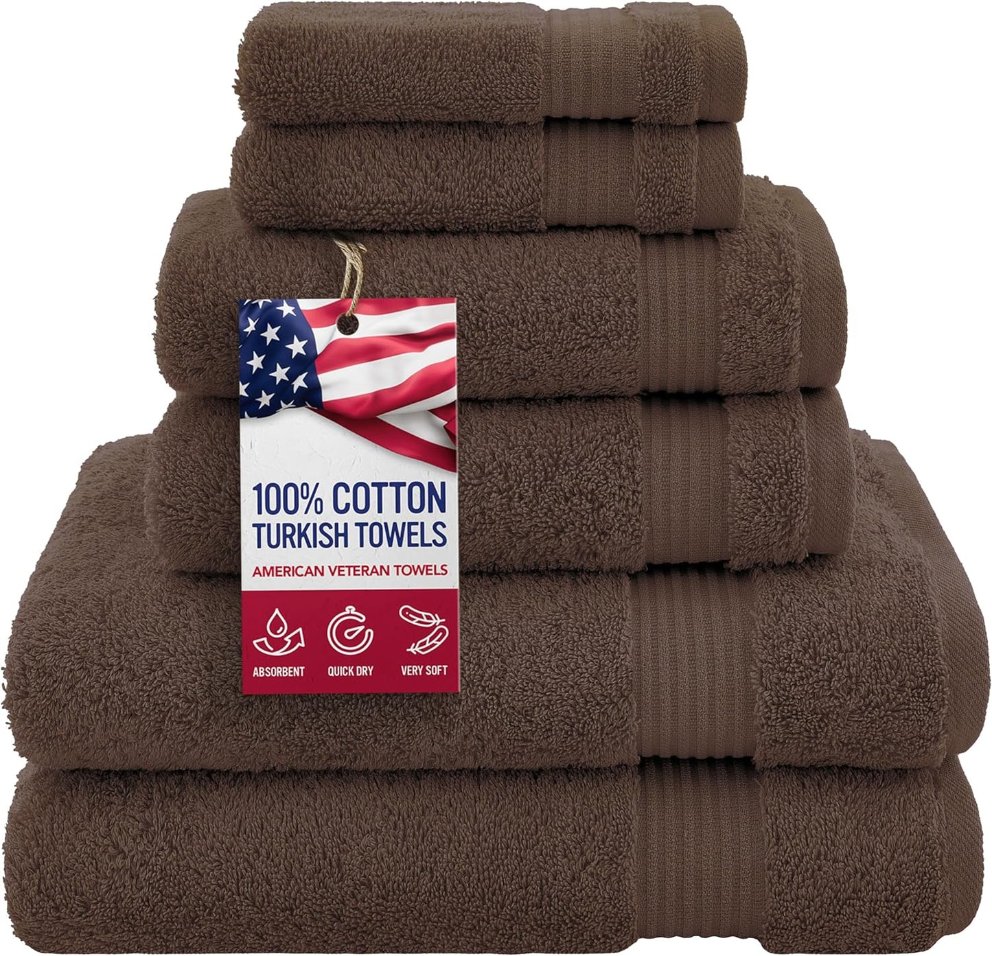 American Veteran Towel, 100% Cotton Turkish 6 Piece Towel Set, Luxury Towels Set of 6 for Bathroom Essentials, 2 Bath Towels 2 Hand Towels 2 Washcloths, Brown