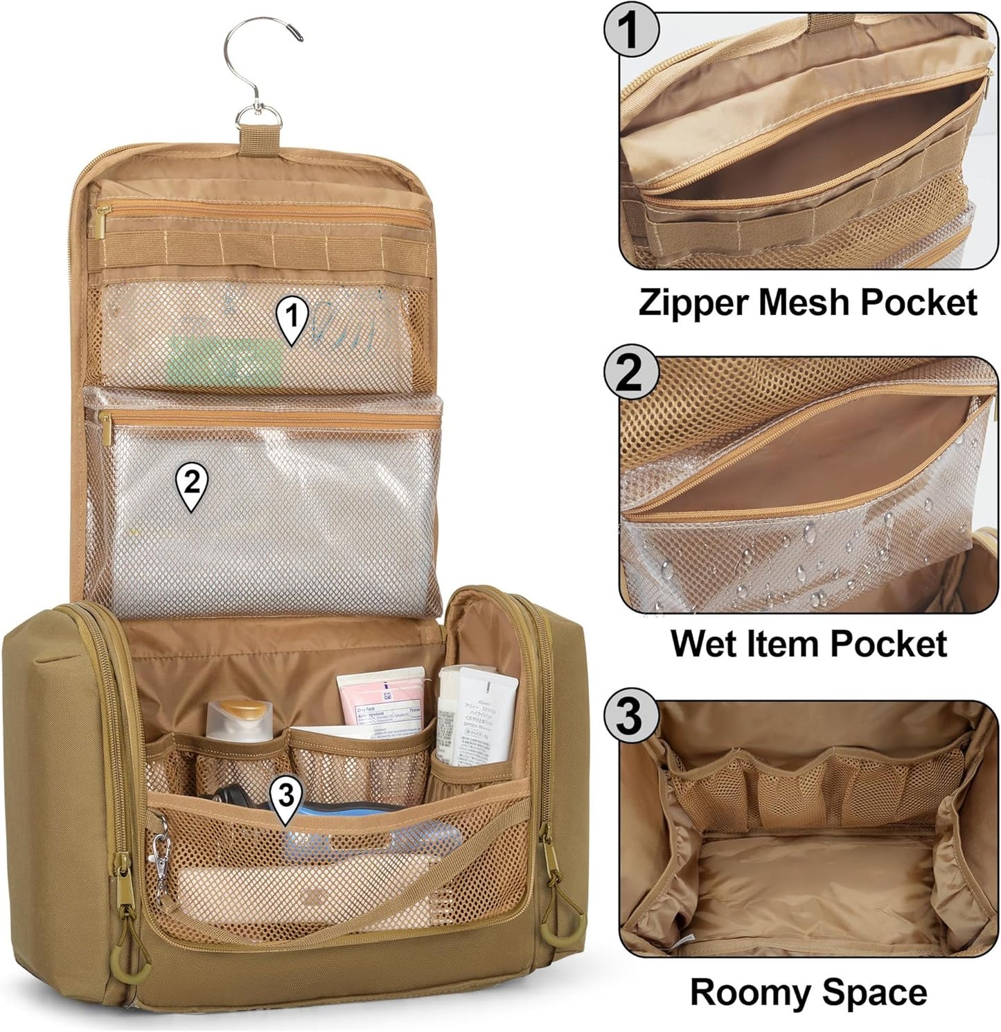 Tactical Toiletry Travel Bag for Men, Hanging Dopp Kit Hygiene Bag Shower Organizer with Hook for Toiletries and Shaving Care, Khaki (Empty Bag)
