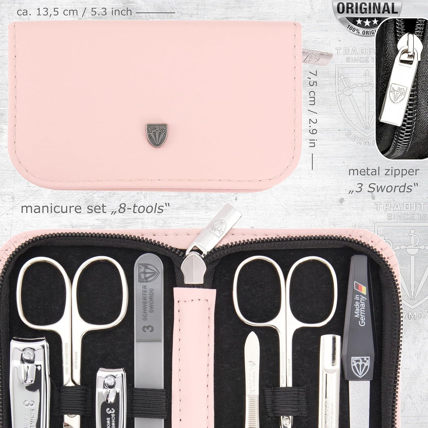3 Swords Germany - brand quality 8 piece manicure pedicure grooming kit set synthetic leather case light pink - Made in Germany