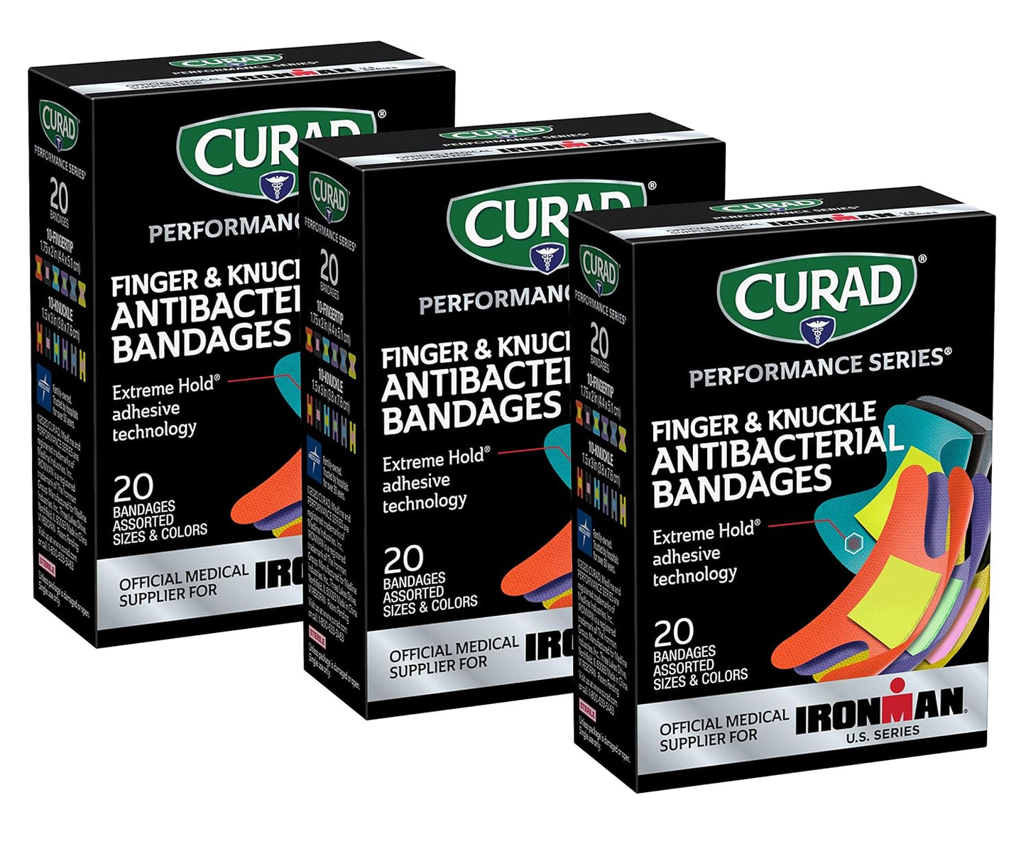 CURAD Performance Series IRONMAN Antibacterial Bandages, Extreme Hold Adhesive Technology, Finger & Knuckle Bandages, Flexible Fabric, Variety Pack with Assorted Sizes & Colors, ( Pack of 3)