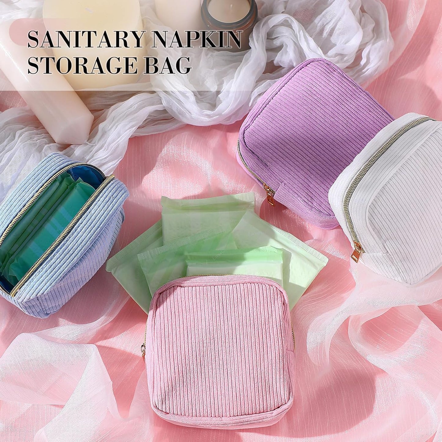 4 Pcs Sanitary Napkin Storage Bag Corduroy Period Bag for School Teen Mini Makeup Preppy Cosmetic Wallet Set for Women Portable First Period Pouch with Zipper Cute Pad Pouch