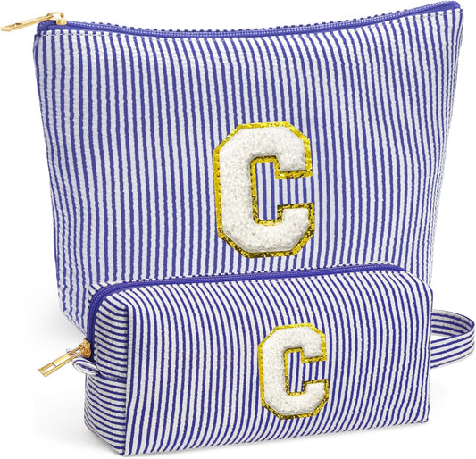 Initial Makeup Kit - Cosmetic Bags for Women, Make up Bag Set Portable Travel Toiletry Bag with Zipper, Cute Blue Stuff Birthday Gifts for Women Mom Girlfriend, Blue Letter C