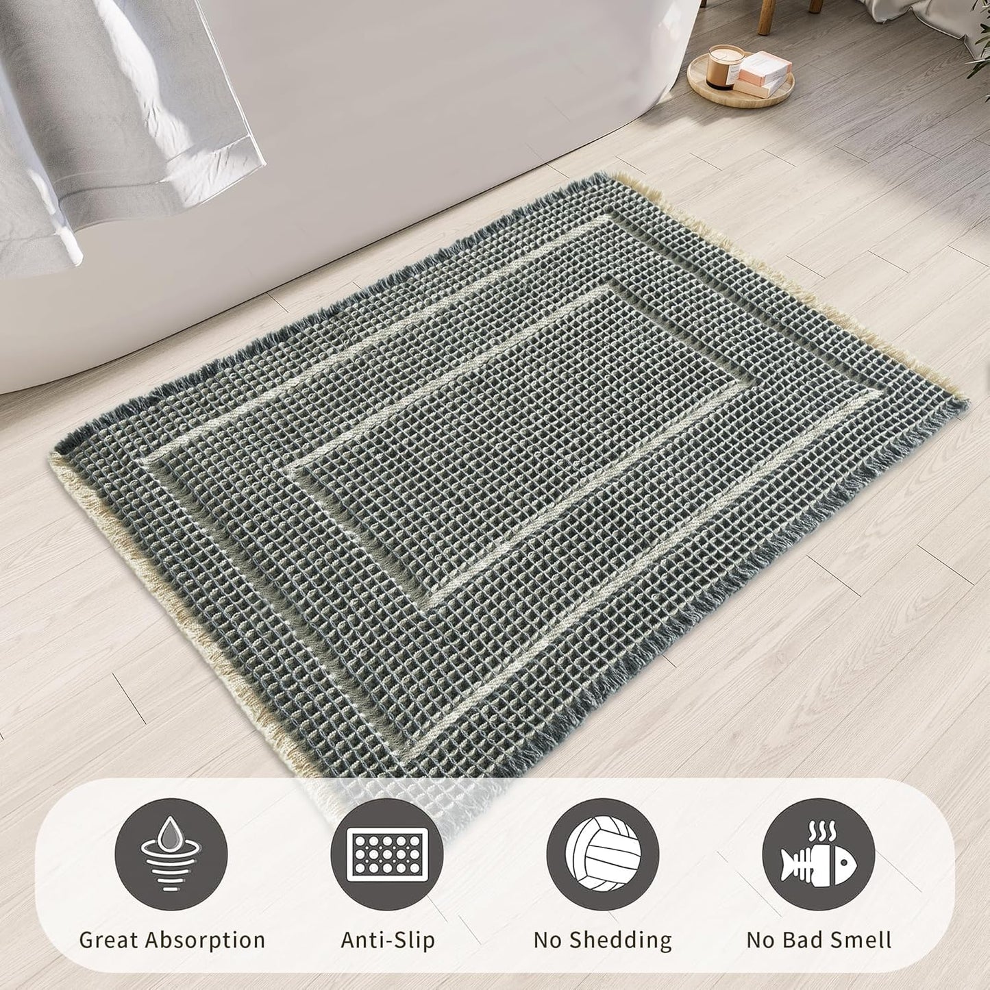 Bathroom Floor Mat,Boho Bathoom Mat,Super Absorbent Bath Rug,Bathroom Rugs Non Slip Washable, Quick Dry Shower Mats, Ultra Soft Bath Mat Towel,Bluish Grey & Yellow,17"*24"