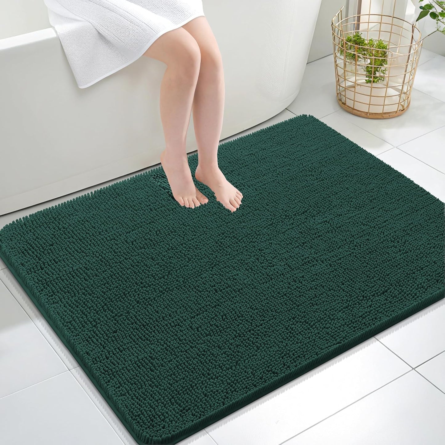 OLANLY Bathroom Rugs 40x32, Extra Soft Absorbent Chenille Bath Rugs, Rubber Backing Quick Dry, Machine Washable Bath Mats for Bathroom Floor, Tub and Shower, Home Decor Accessories, Blackish Green