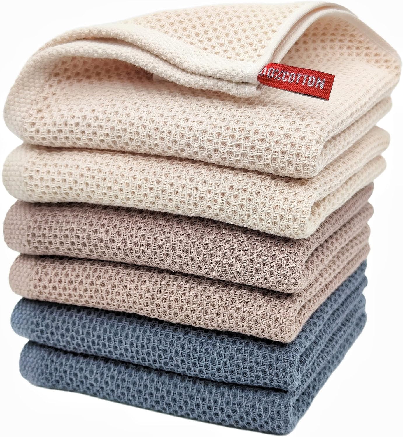 Kitchen Hand Towels 100% Cotton Waffle Weave Dish Towel for Cleaning Drying - Extra Absorbent and Soft - 13 x 28 inch (Beige+Dark Grey+Brown-6 Pack)