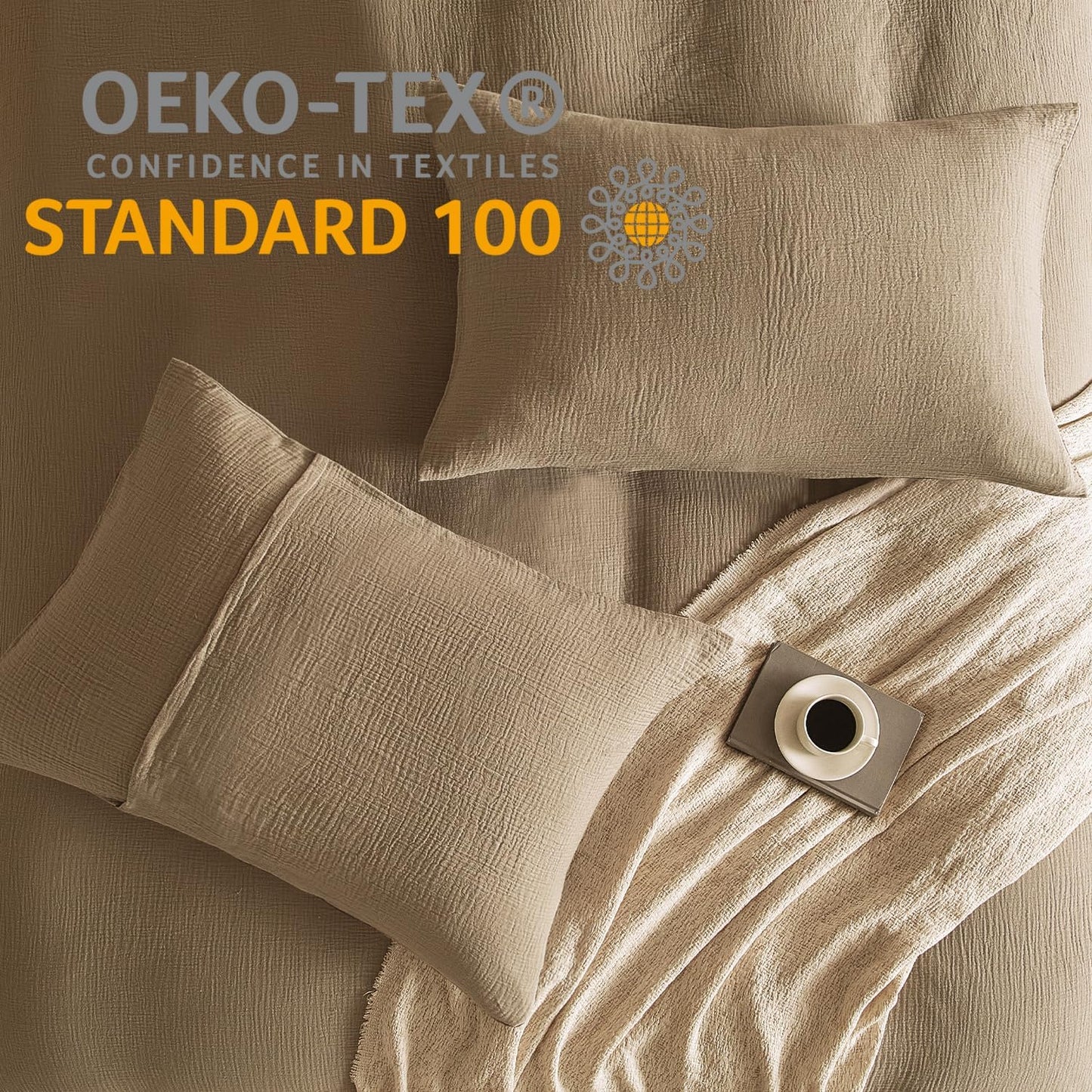 SE SOFTEXLY Muslin Pillowcases Standard Size 100% Cotton, 2 Pack Linen Like Pillow Shams with Envelope Closure, Ultral Soft and Breathable Pillow Case Covers, Light Brown, 20" X 26", No Filling