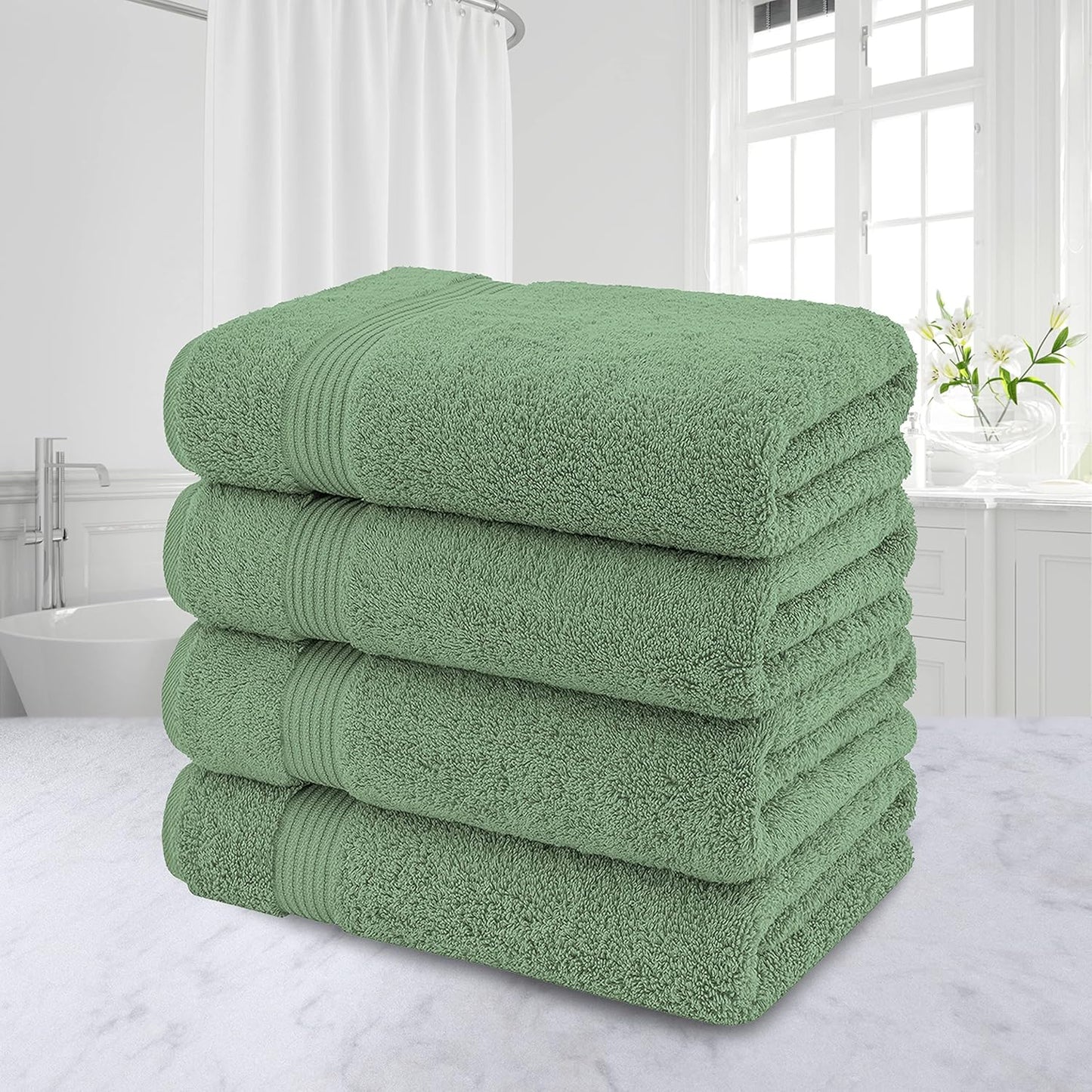 American Veteran Towel, 100% Cotton Turkish Bath Towels for Bathroom 4 Pack, 27x54 Extra Large Premium Soft Drying Bathroom Towels, Sage Green