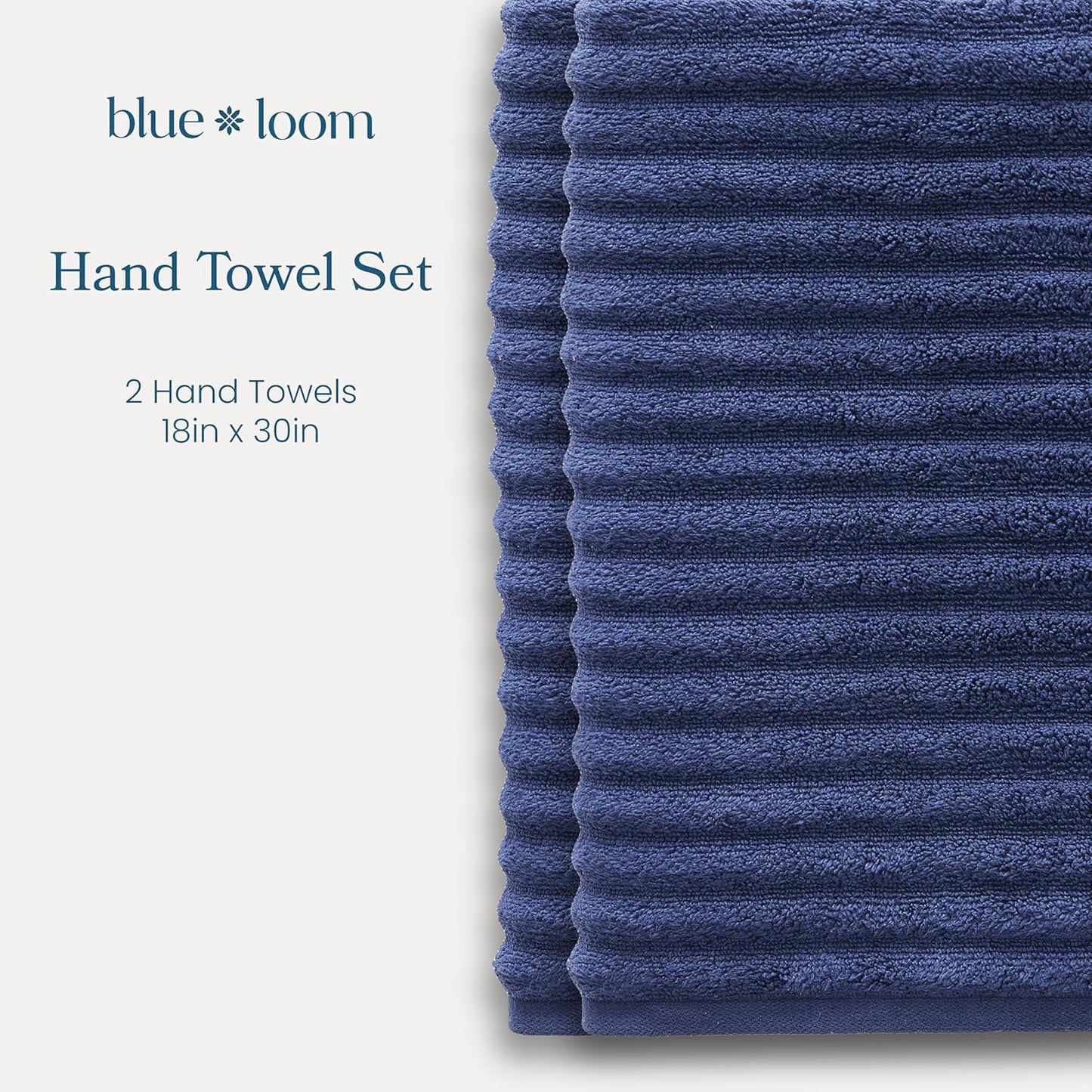 Blue Loom Ribbed Hand 2 Towels Set, 100% Cotton 600GSM, Soft Absorbent Durable Quick Drying for Bathroom - Mason 2 Piece 18" x 30" - Navy