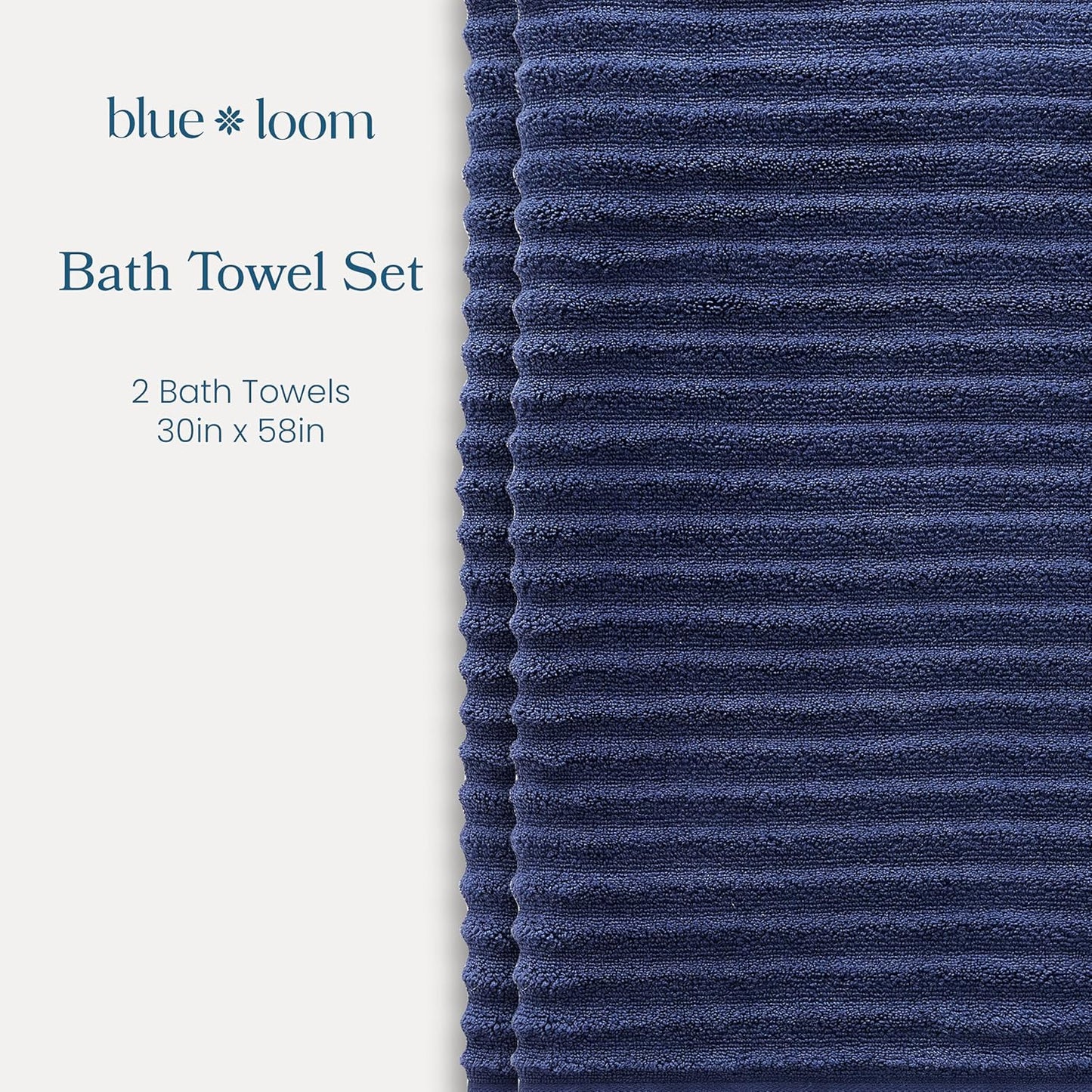 Blue Loom Ribbed Bath Towels Set, 100% Cotton 600 GSM, Soft Absorbent Durable Quick Drying 2 Bath Towels for Bathroom - Mason Set of 2 Navy (58" x 30" Inch)