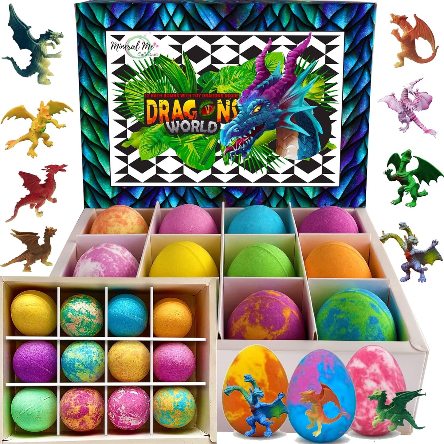 Bath Bombs for Kids with Surprise Inside - 12 Organic Bubble Bath Fizzies with Dragon Egg Toys. Gentle & Kids Friendly w/Rich Bubbles & Rainbow Colors, Birthday Gifts for Boys, Girls