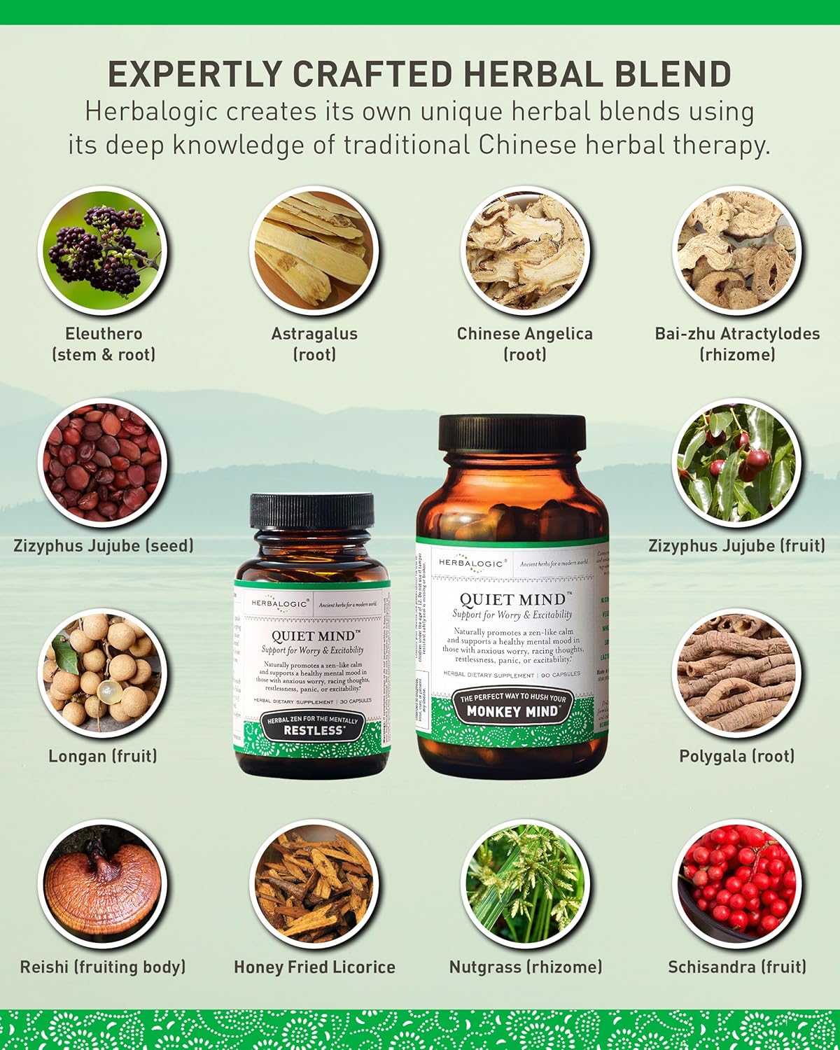 Quiet Mind Herb Capsules - Non-Sedating, Promotes a Feeling of Zen-Like Calm - Eases Worry - Based on The Traditional Chinese Formula GUI Pi Tang - 90 Cap Count