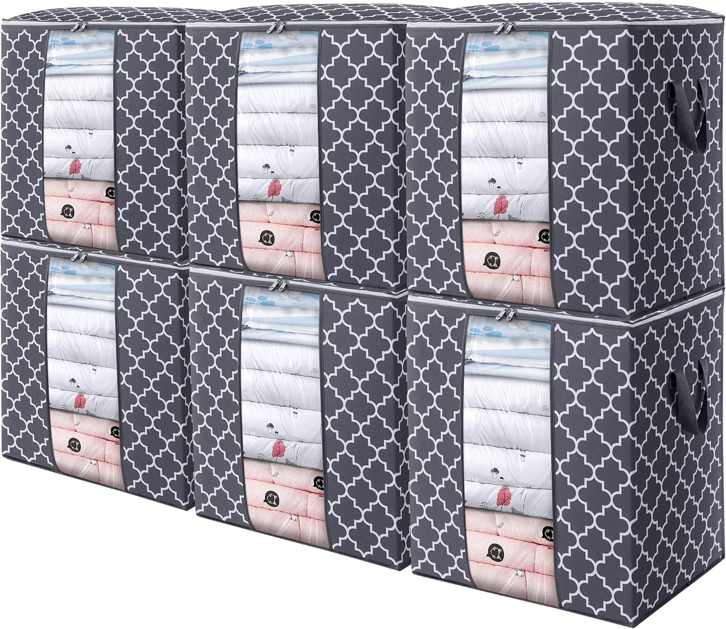 WISELIFE Storage Bags 6 Pack/100L Large Blanket Clothes Organization and Storage Containers for Comforters,Bedding, Foldable Organizer with Reinforced Handle, Clear Window, Sturdy Zippers,Gray