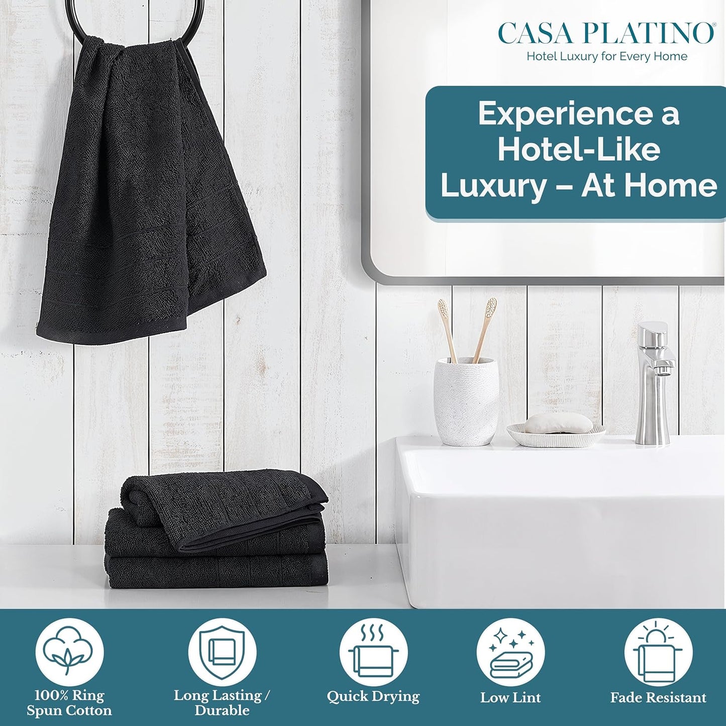 Casa Platino 4 Pack Hand Towels for Bathroom (16"x28") - Spa & Hotel Quality - 100% Cotton, Ring Spun - Quick Dry, Ultra Soft & Absorbent Black Hand Towels Set of 4 - Perfect for Everyday Use - Black