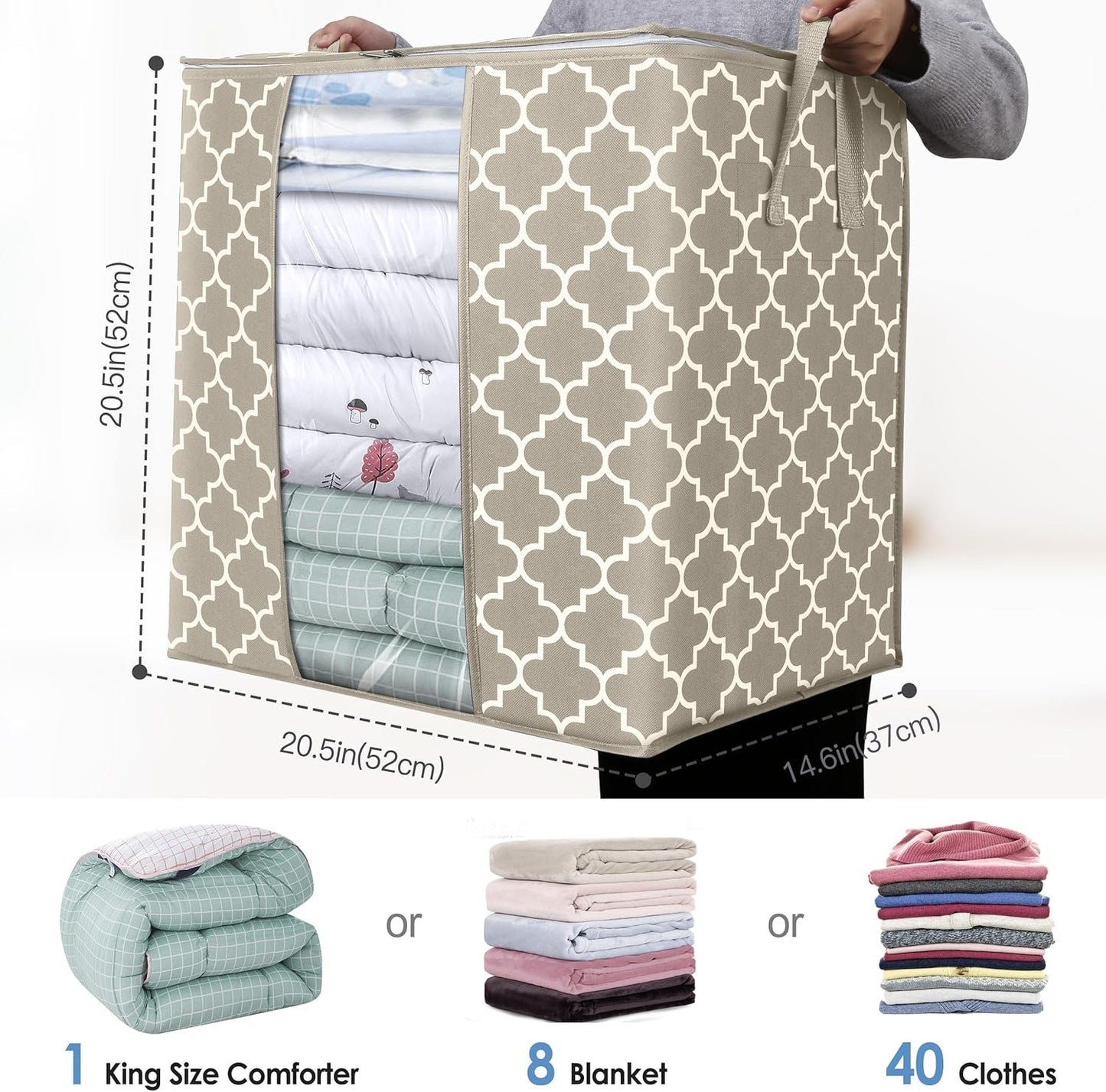 WISELIFE Storage Bags 6 Pack/100L Large Blanket Clothes Organization and Storage Containers for Comforters,Bedding, Foldable Organizer with Reinforced Handle, Clear Window, Sturdy Zippers,Beige