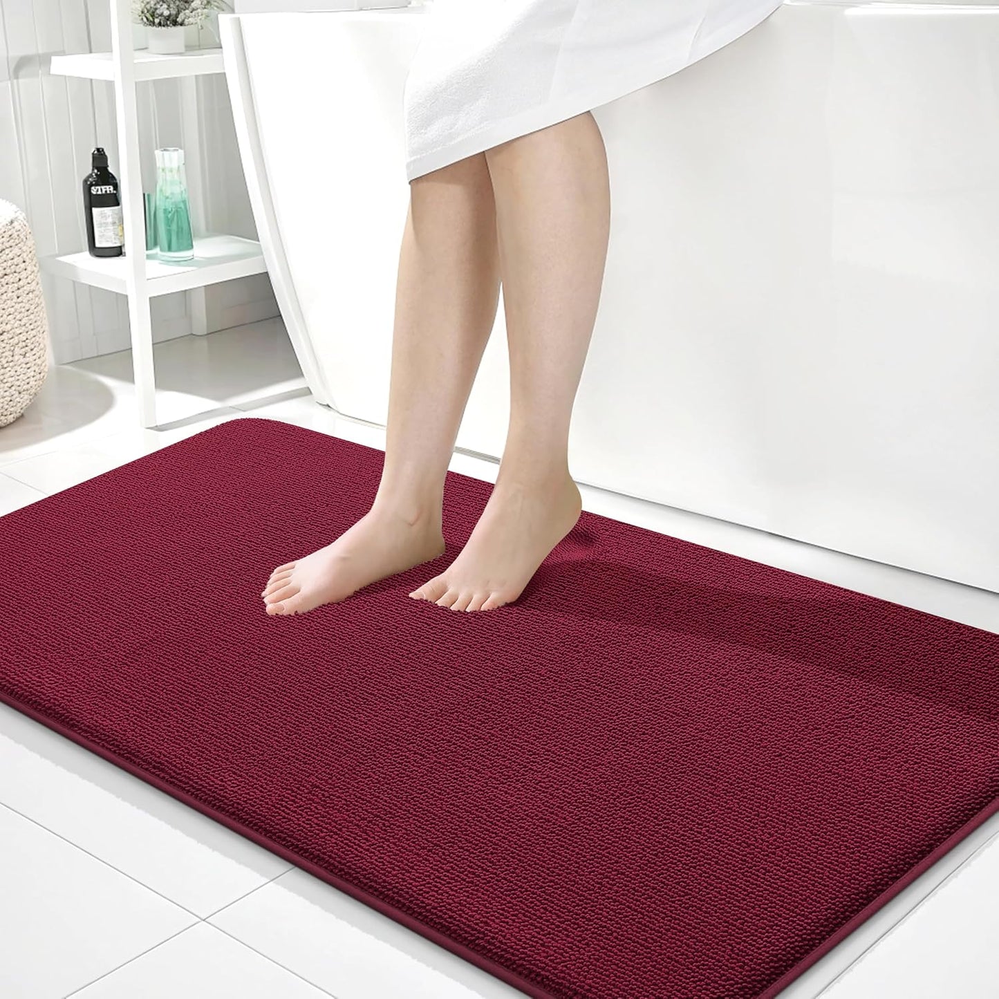 OLANLY Thick Memory Foam Bath Mat Rug 44x24, Extra Soft Absorbent Bathroom Rug, Quick Dry Bath Mats, Non-Slip, Machine Washable Carpet for Bathroom, Tub and Shower, Home Decor Accessories, Burgundy