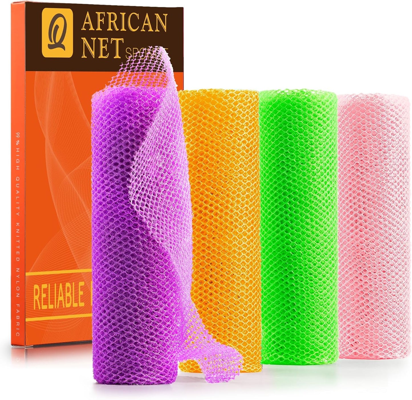 UJFQBH 4 Pieces African Net Sponge African Net Long Net Bath Sponge Exfoliating Shower Body Scrubber Back Scrubber Skin Smoother,Great for Daily Use (Purple, Orange, Green, Pink)