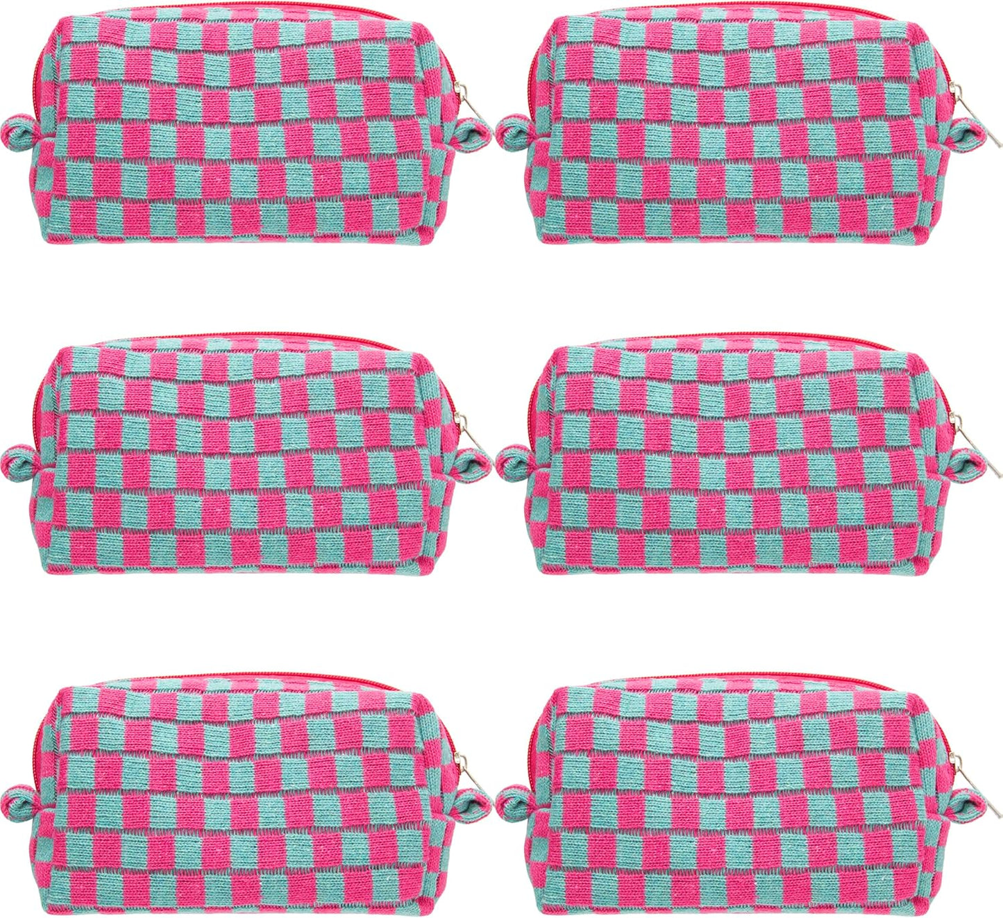 PAZIMIIK Checkered Makeup Bag for Purse Portable Zipper Make Up Pouch Small Cosmetic Case for Travel Accessories (6PCS Magenta Green)