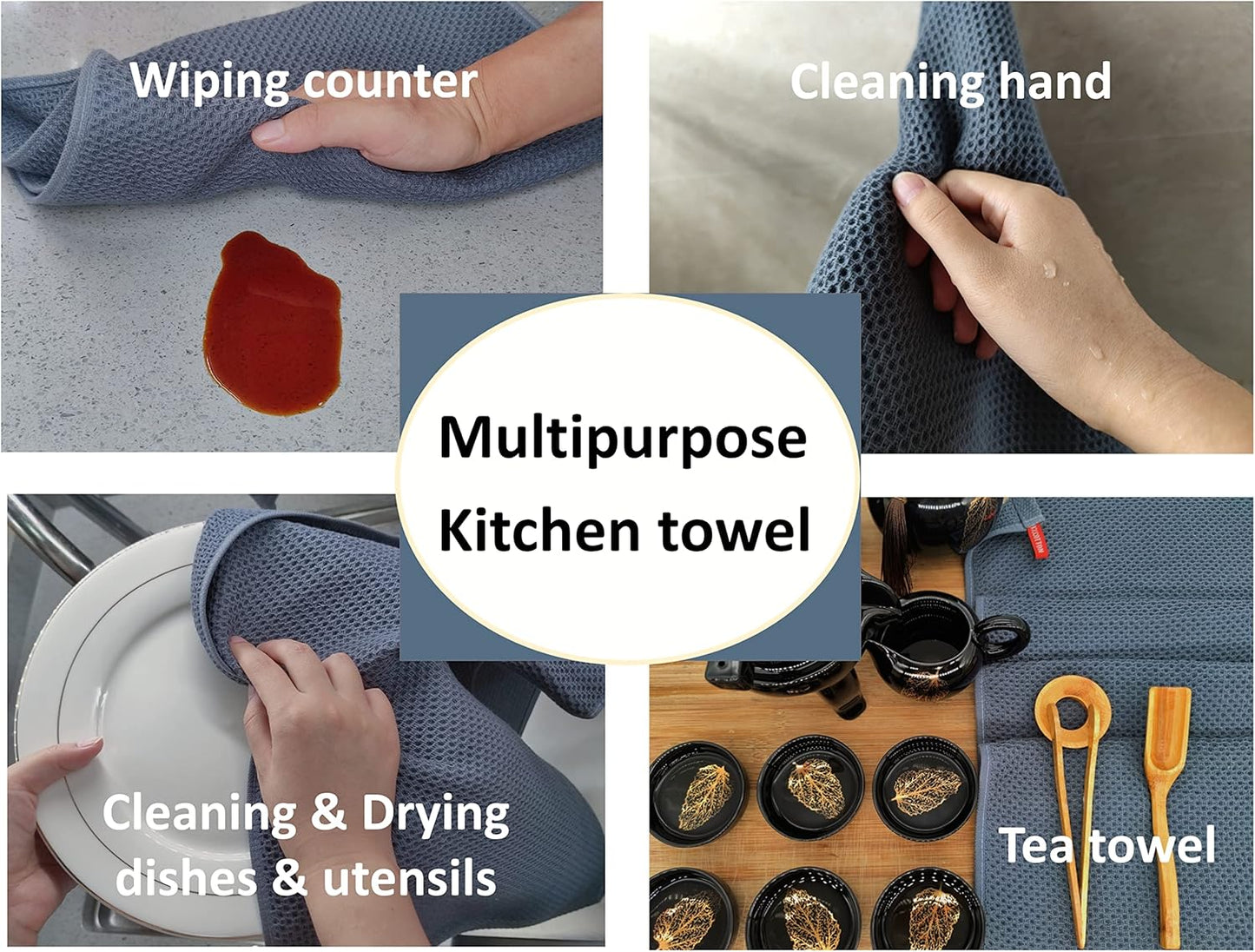 Kitchen Towels 100% Cotton Waffle Weave Dish Towel for Cleaning Drying Dishes Extra Absorbent and Soft, Dish Cloth,13 x 28 in (Darkgrey-6 Pack)