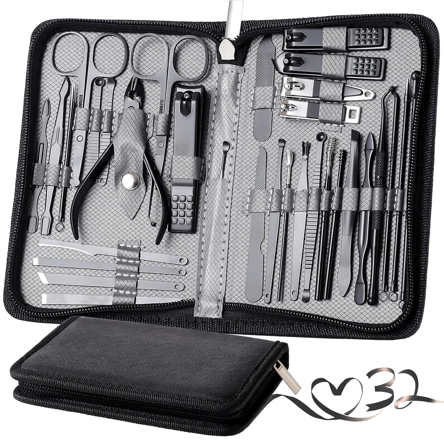 Manicure Set Pedicure Kit Womens Nail Clippers Set 32 in 1 Professional Grooming Care Tools Nail Kit Including Facial, Fingernails and Toenails Care with Travel Case Women (Gray_32 in 1)